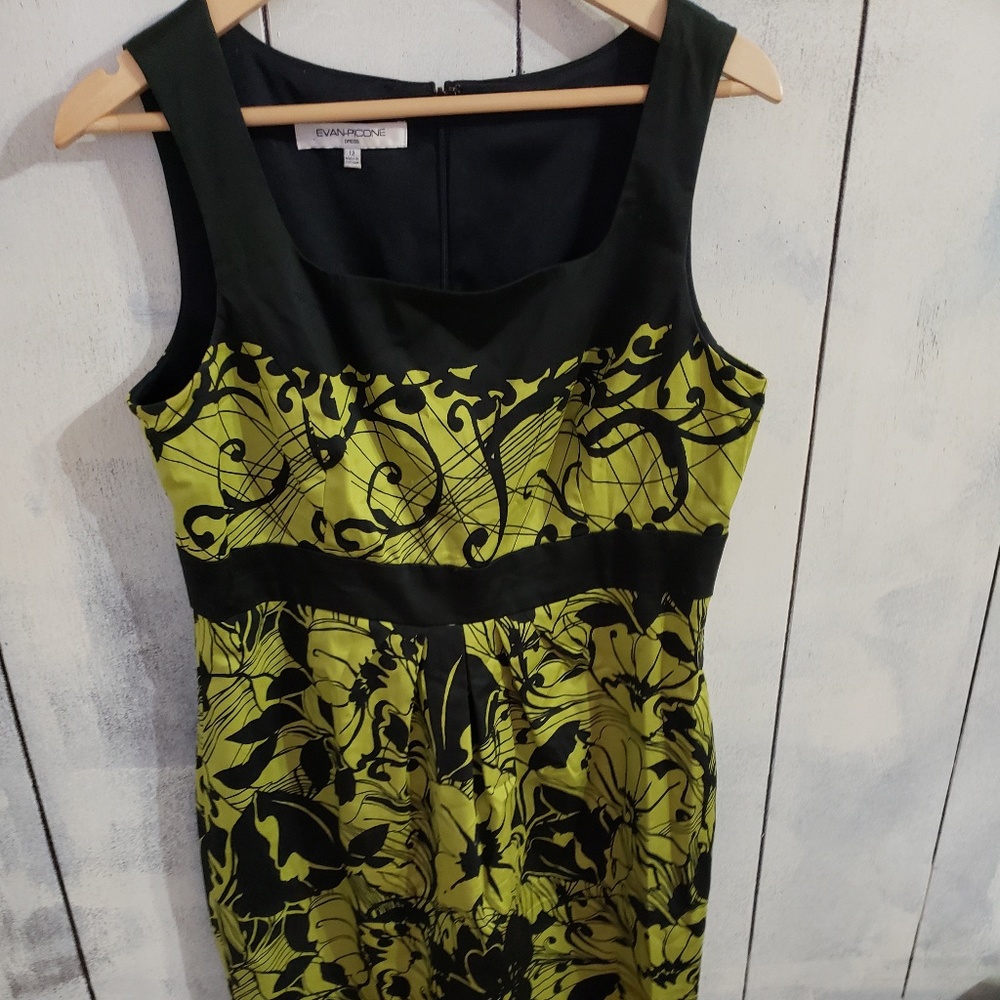 Evan Picone print dress.  Chartreuse & black.